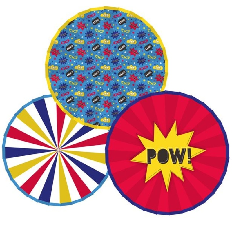 3 comic heroes paper rosettes 30cm