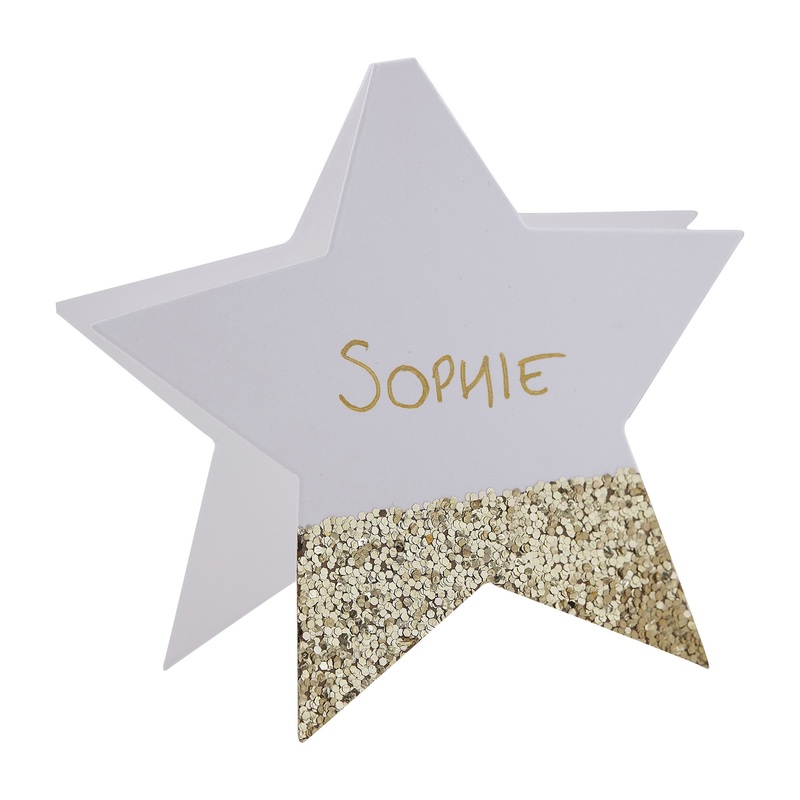 6 golden glitter star place cards 10cm