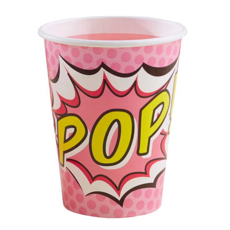 8 Pink Comic Paper Cups Pop 250ml