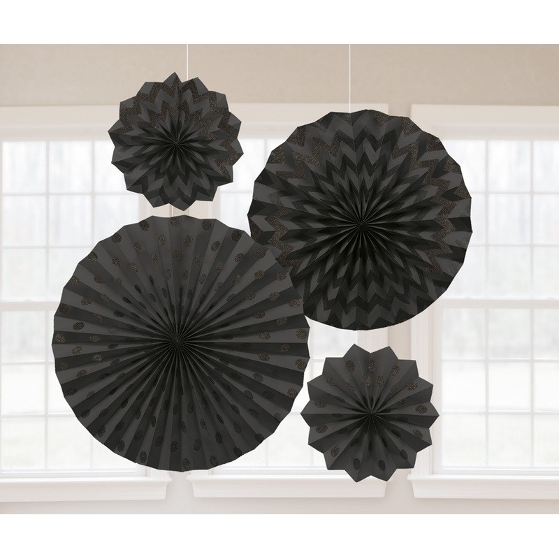 4 Decorative Fans Black Glitter