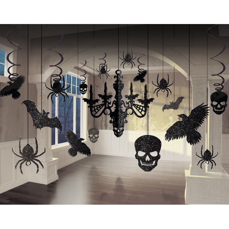 Glittering Halloween Decoration Set Raven Castle 17 pieces