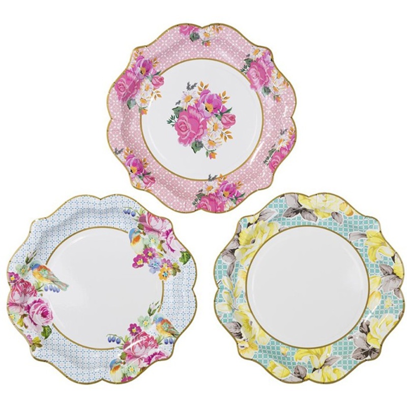 12 vintage paper plates in three designs 21cm