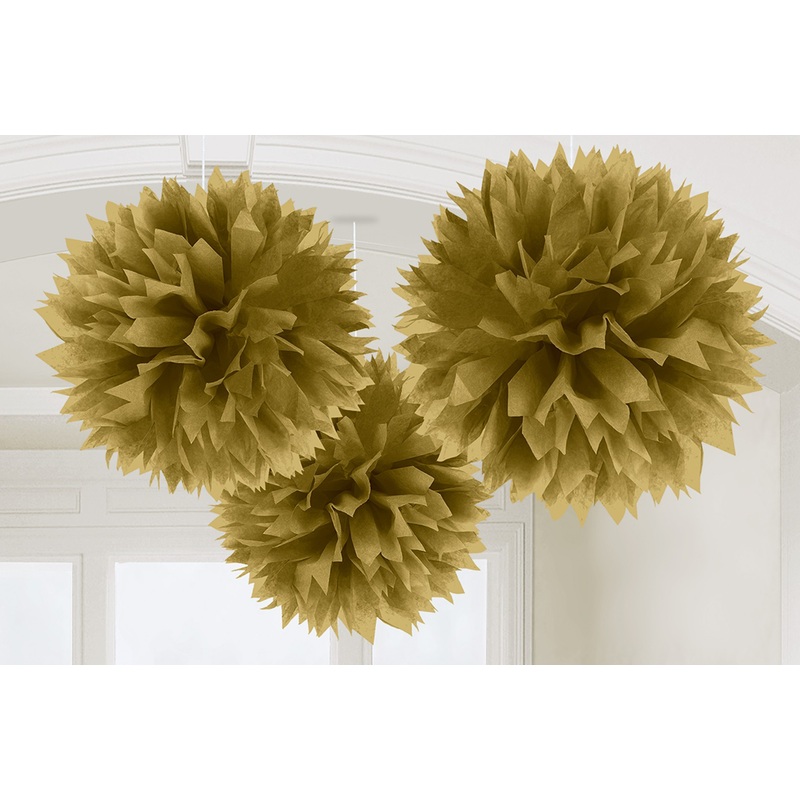3 fluffy pompons gold 40.6cm