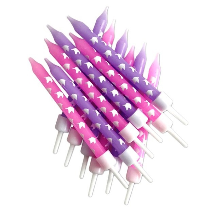 12 unicorn cake candles in purple and pink