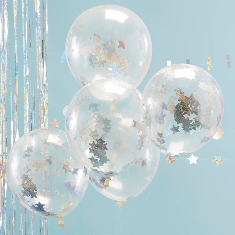 5 holographic star confetti balloons