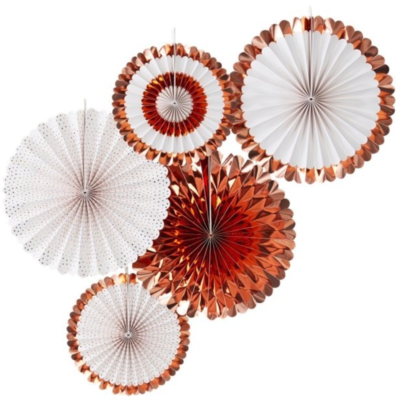 5 Paper Rosette Decorations Rose Gold-White 38cm