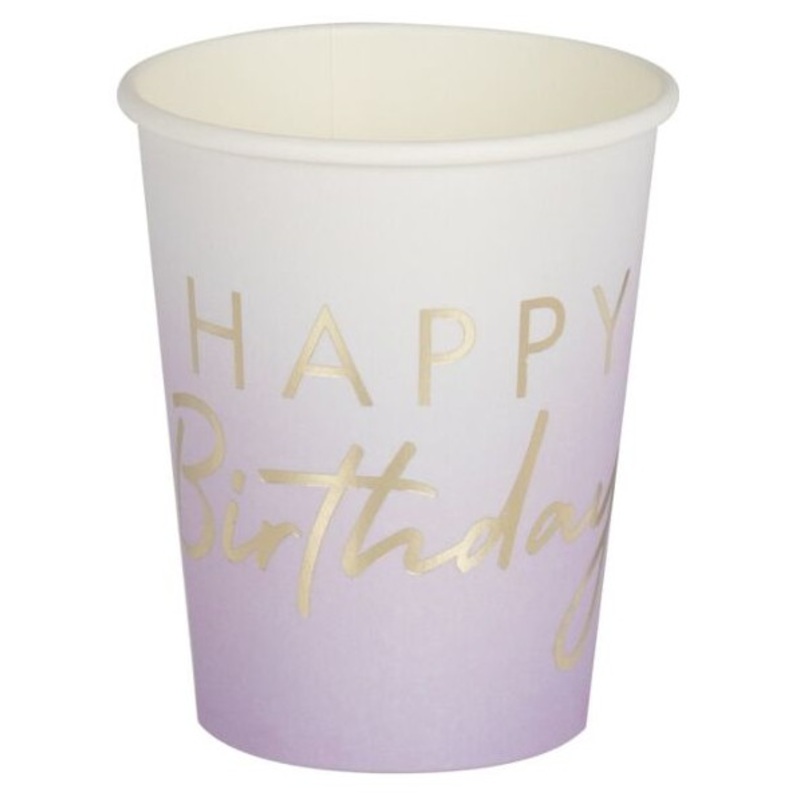 8 Happy Birthday paper cups lavender ombred 255ml