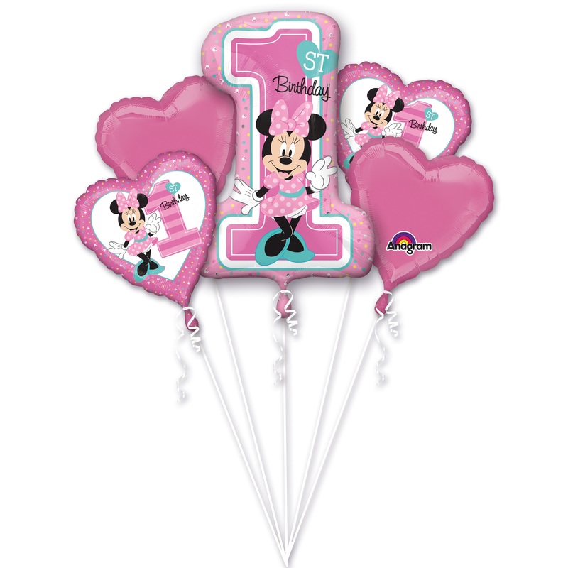 5 balloons Minnie Mouse 1st birthday pink