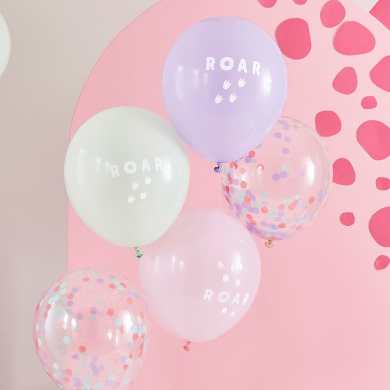 5 Pink Dino Pary latex balloons 30cm