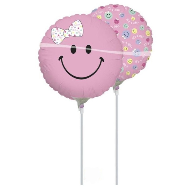 Stick balloon pink smiley with bow