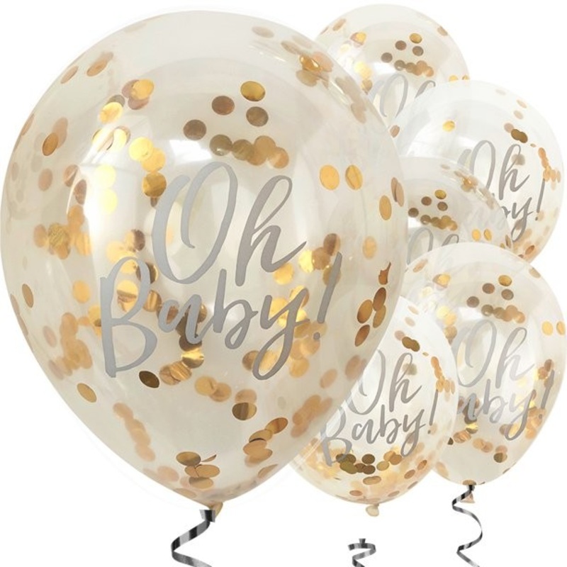 5 golden Oh Baby confetti balloons 30cm