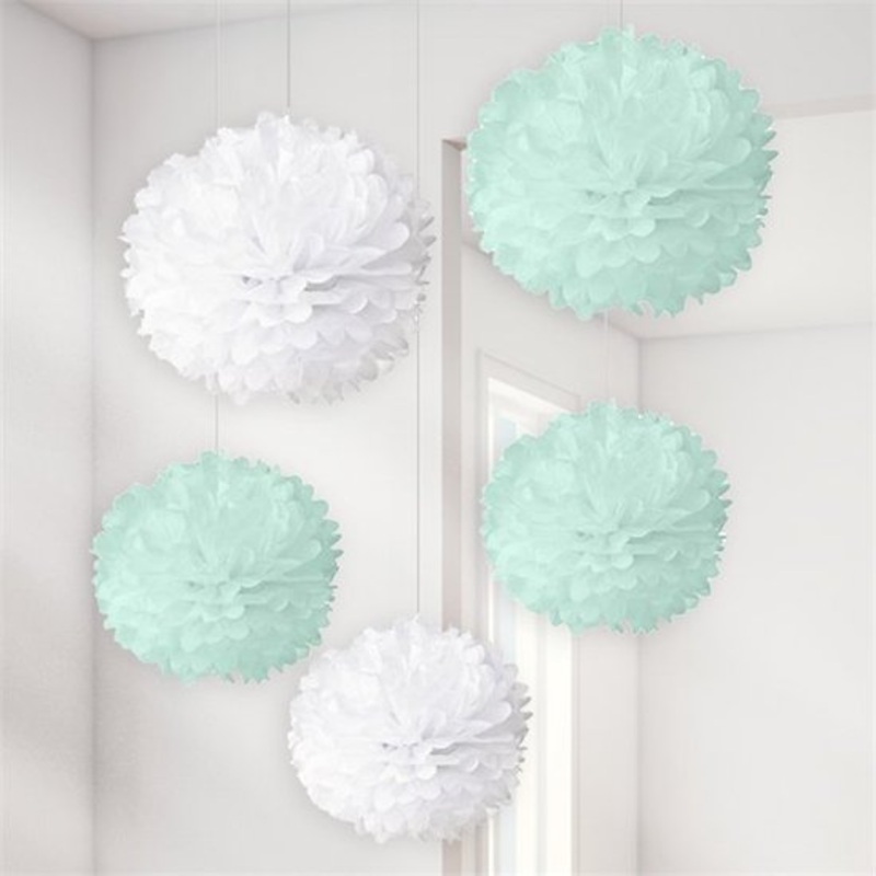 5 Pom Poms White and Mint