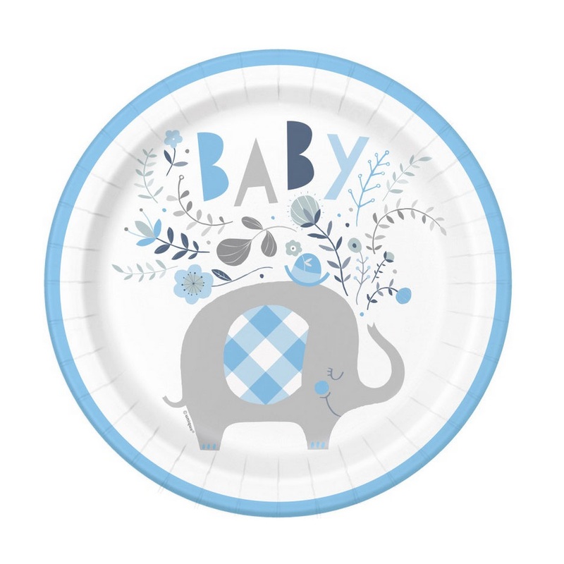 8 elephant baby party paper plates azure blue 23cm
