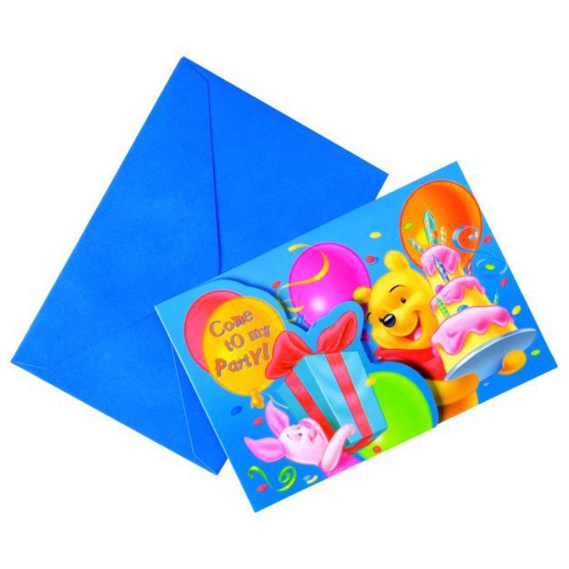 6 Winnie the Pooh Happy Birthday invitation cards in a set