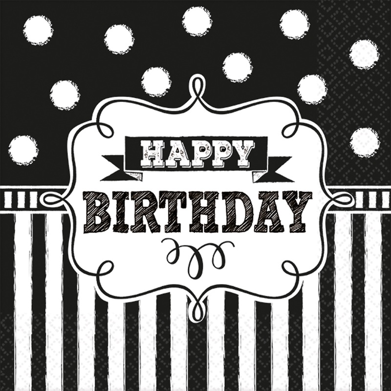 16 Black & White Birthday napkins 25cm