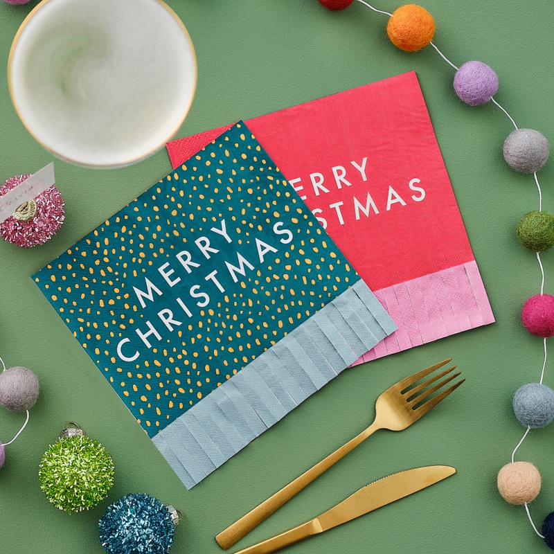 16 Eco Christmas Party Napkins with Fringes