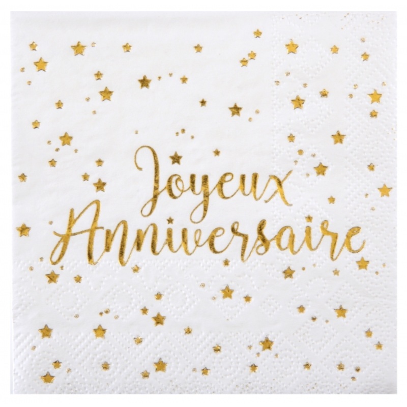 20 Joyeux Anniversaire napkins white-gold 25cm