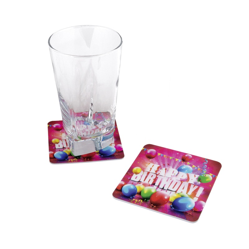 8 Happy Birthday glass coasters Balloon Surprise 8.5 x 8.5