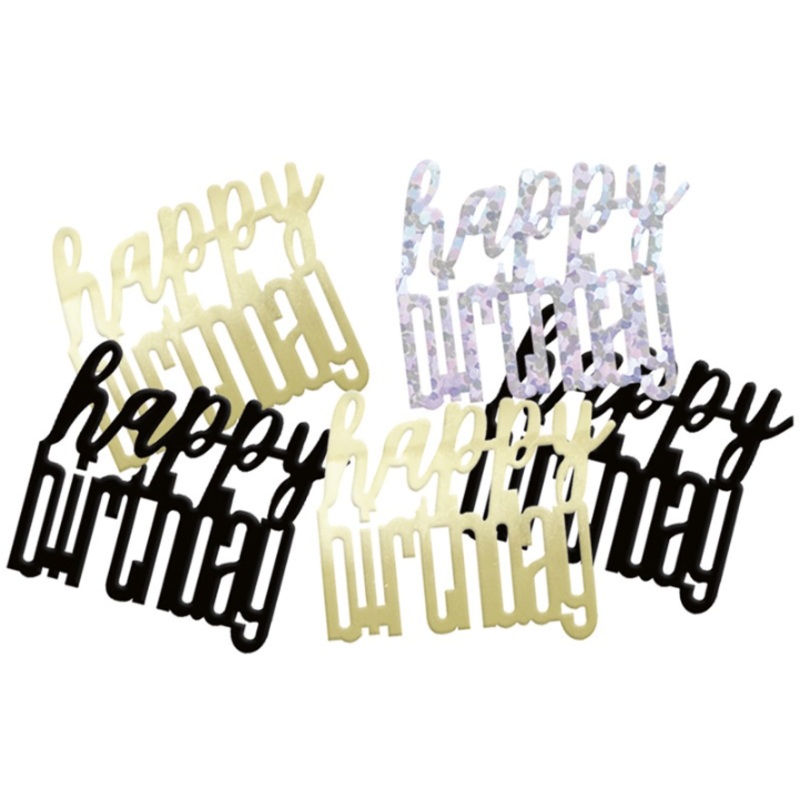 Happy Birthday scatter decoration in black and gold glitter