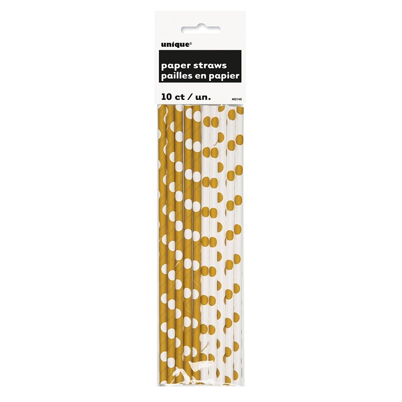 10 dotted paper straws gold white