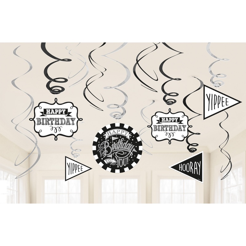 12 Black & White Birthday spiral hangers 60cm