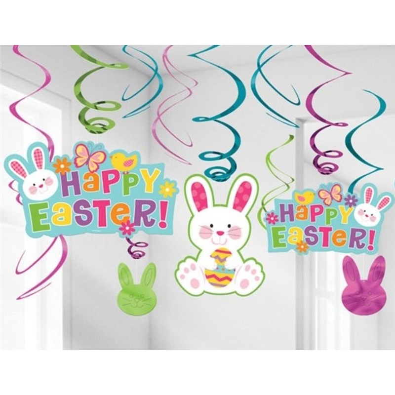 12 Happy Easter bunny spiral hangers 60cm