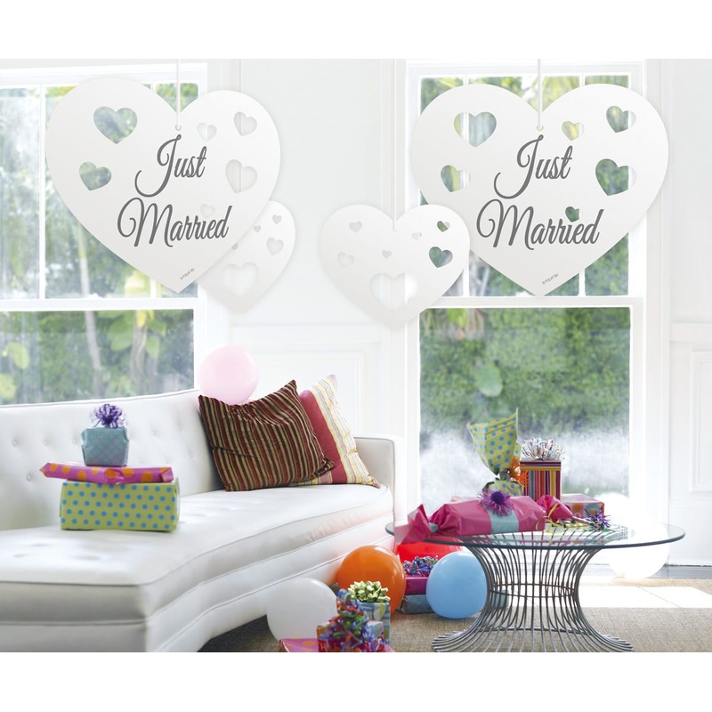 5 Just Married hearts decoration hangers