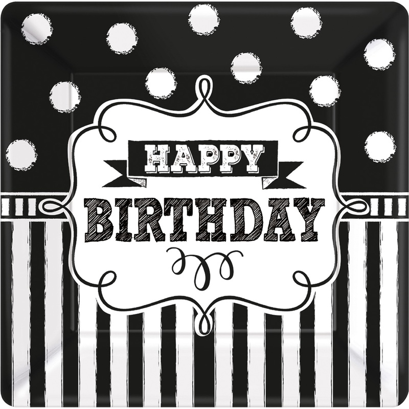 8 Black & White Birthday paper plates 18cm