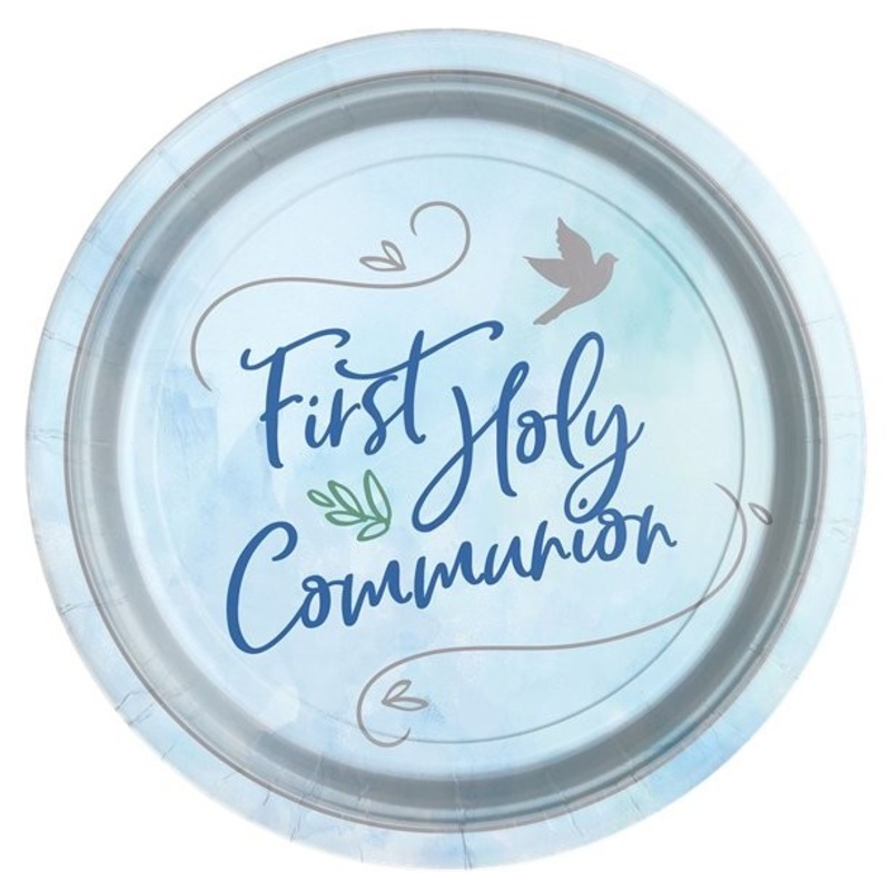 8 blue communion paper plates 23cm