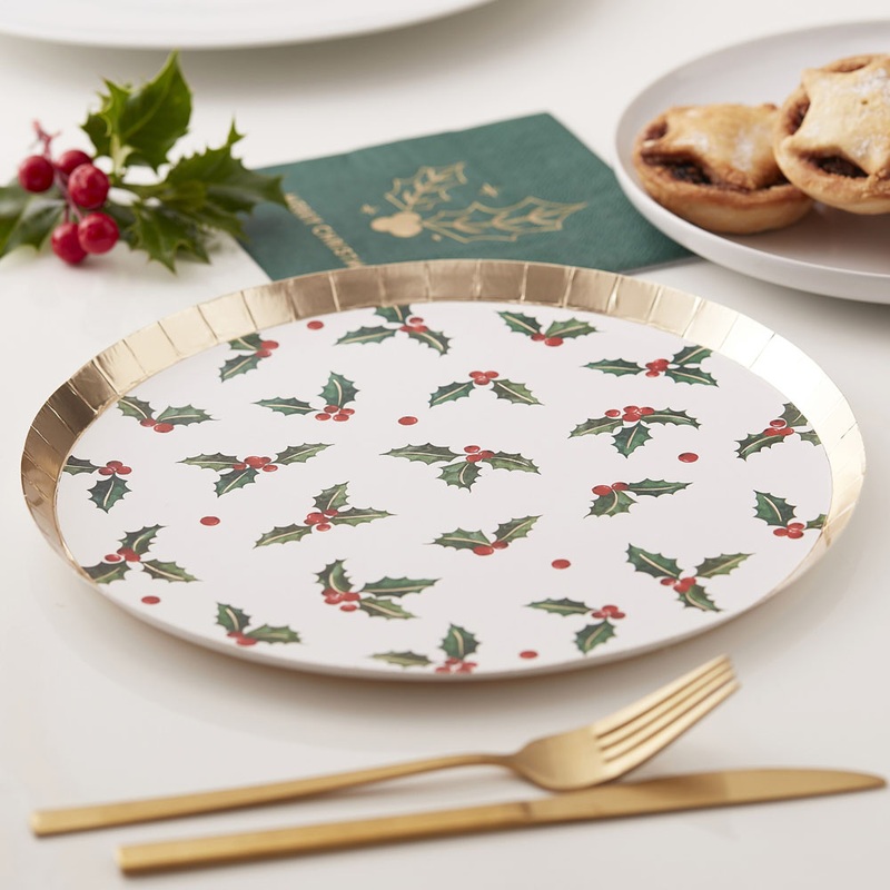 8 Christmas Ilex paper plates 24cm