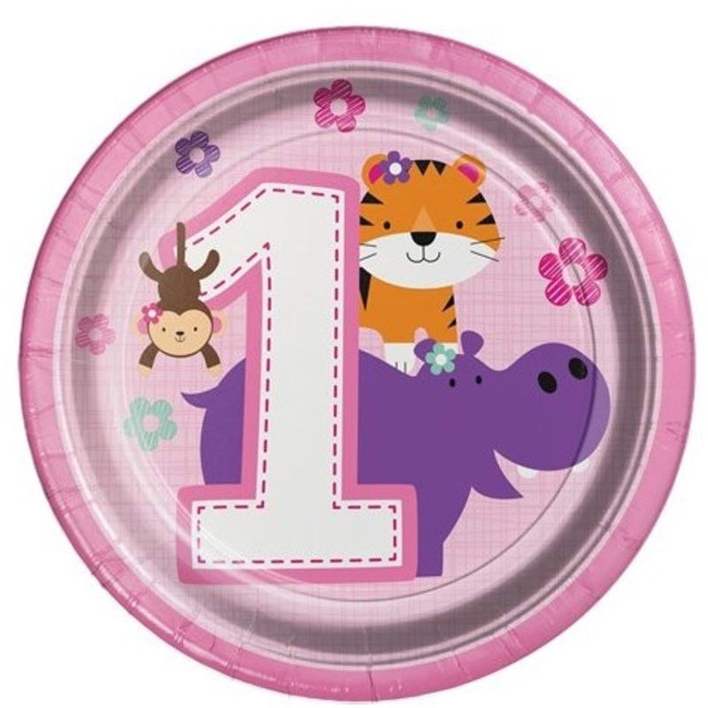 8 First Wild Birthday paper plates pink 18cm
