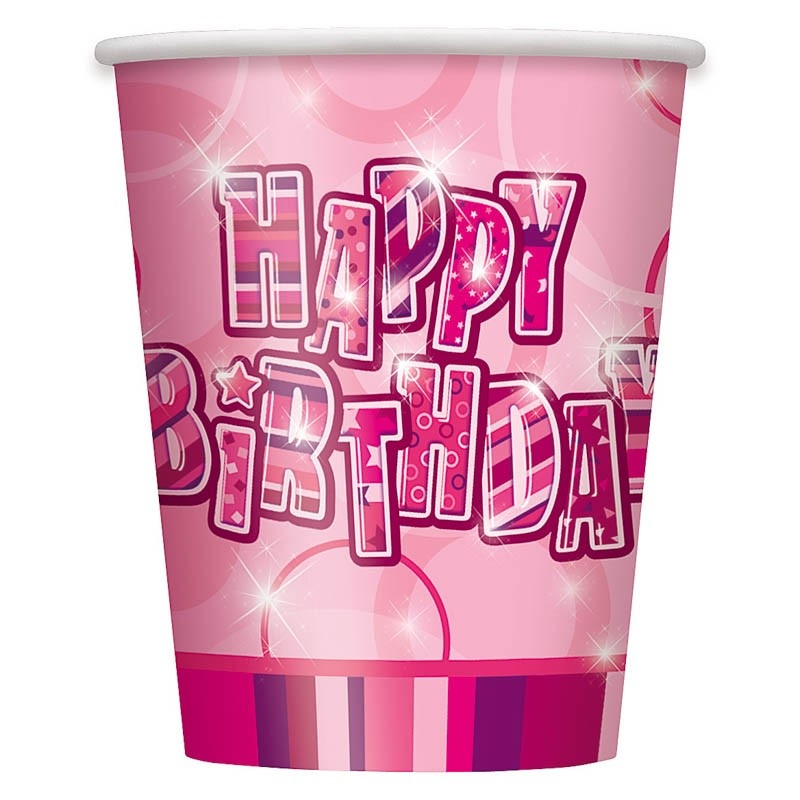 8 Happy Pink Sparkling Birthday paper cups 266ml
