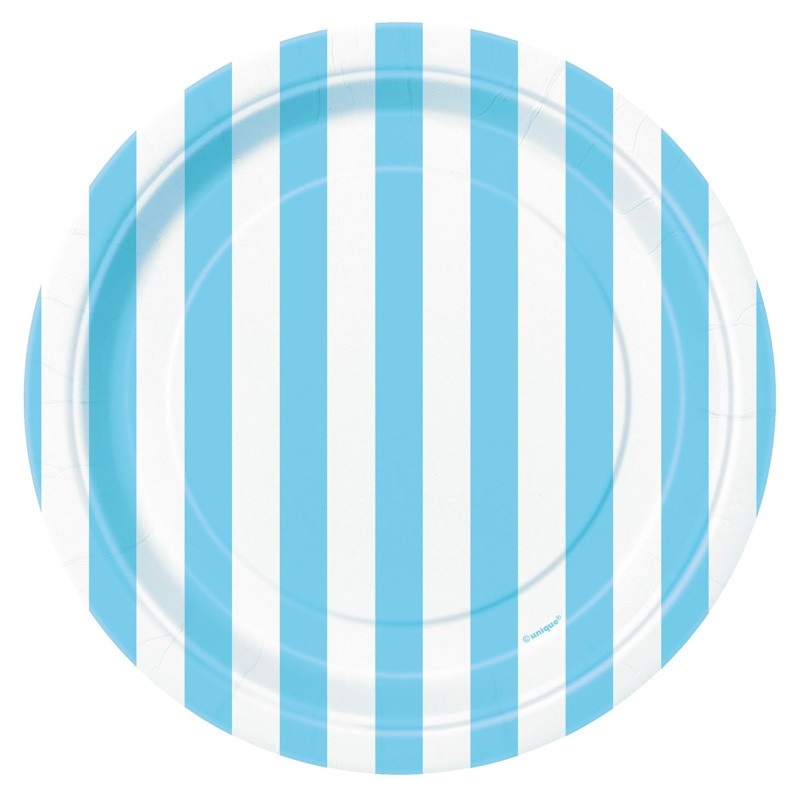 8 party paper plates Victoria light blue striped 18cm