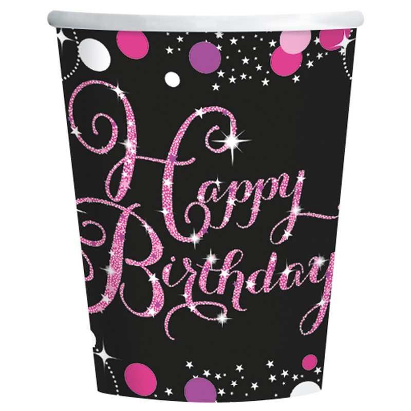 8 Pink Happy Birthday cups 266ml