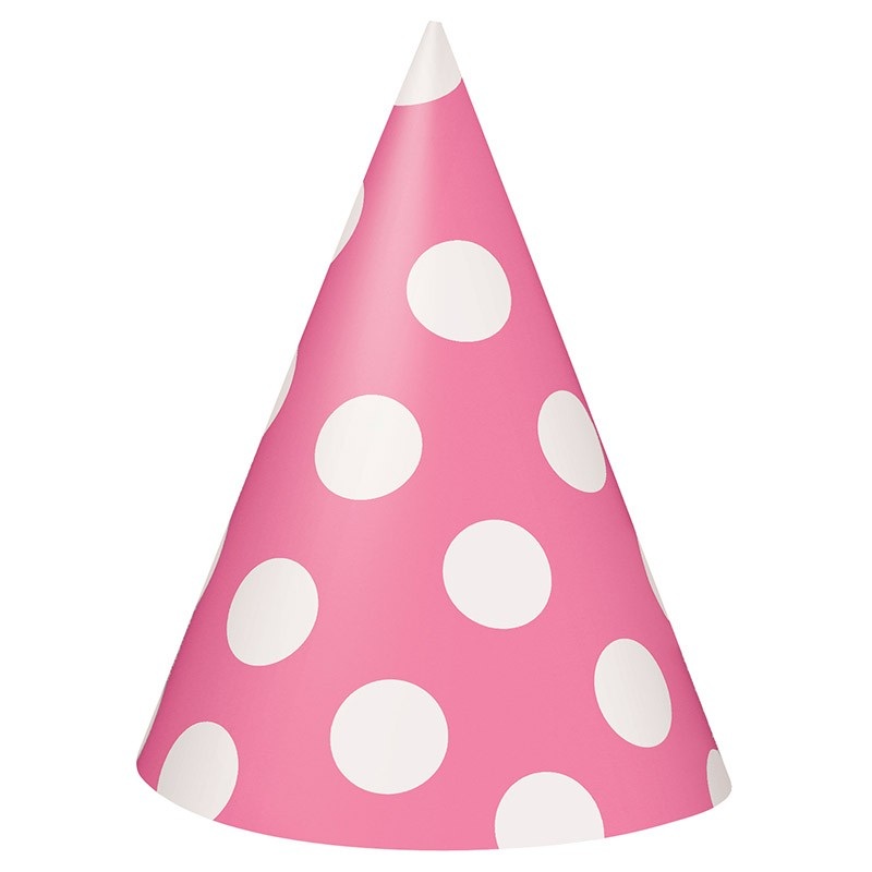 8 party hats Tiana pink dotted 15cm