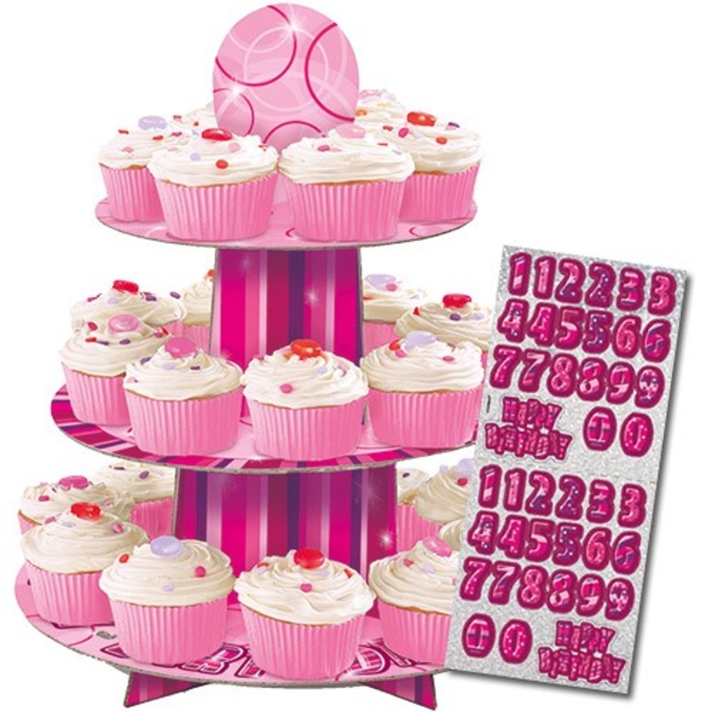 Happy Pink Sparkling Birthday Cupcake Stand personalized
