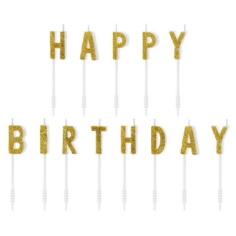 13 Happy Birthday cake candles 2.5cm gold