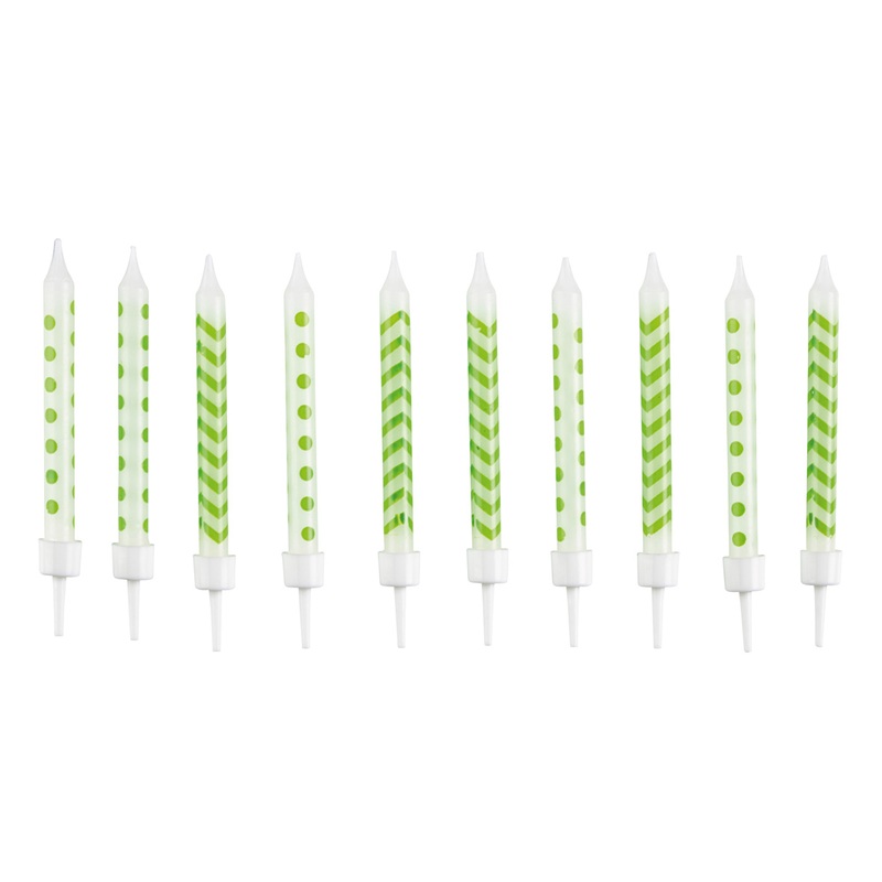 Cake candle white with kiwi green pattern including holder 10 pieces