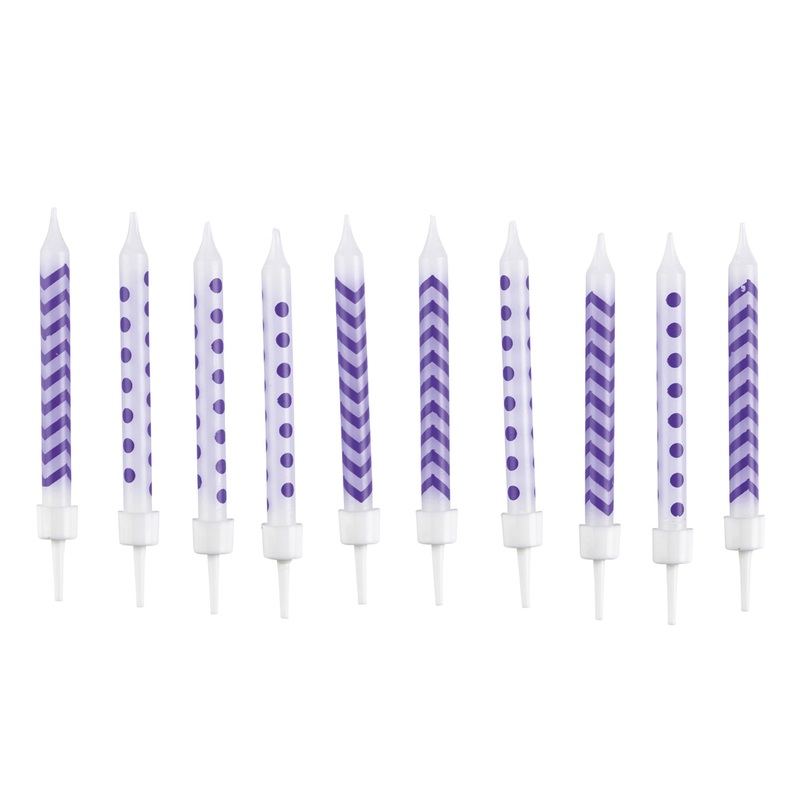 Cake candle white with purple pattern including holder 10 pieces