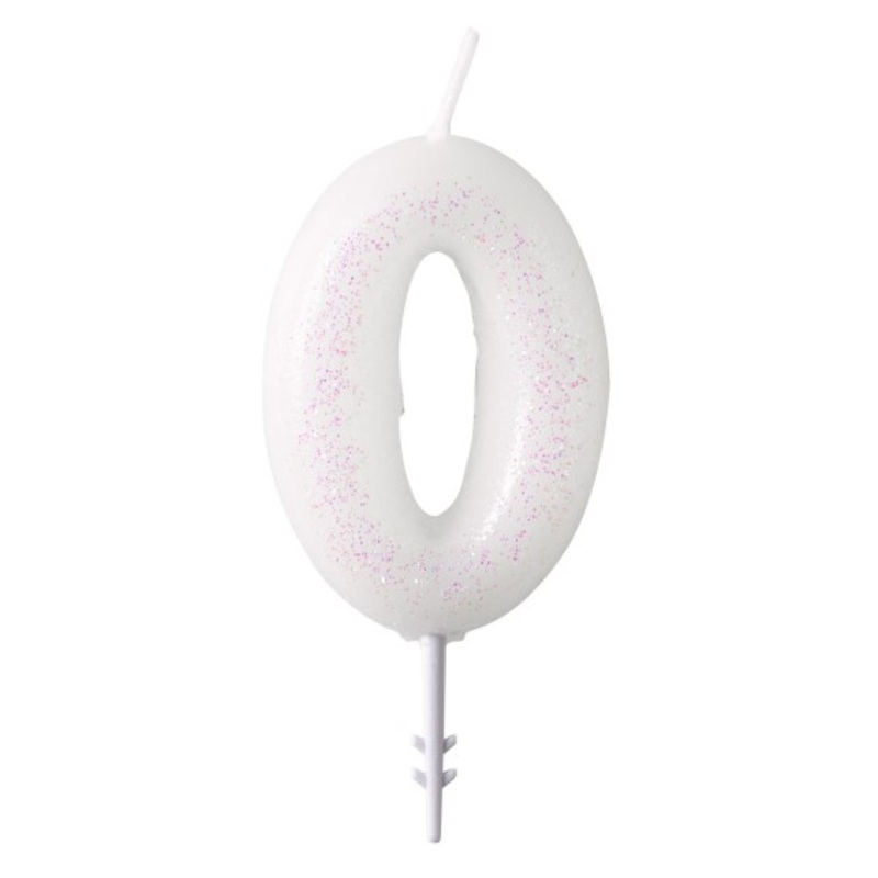 Glittering number candle 0 white 6.5cm