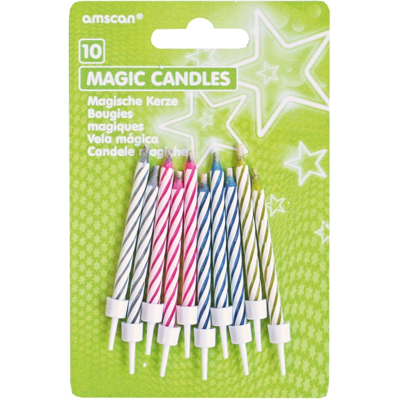 Magical cake candles colorful with white stripes flaring up again 10 pieces