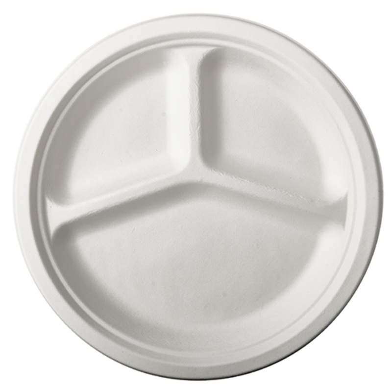 12 round sugar cane plates 3 compartments 26cm