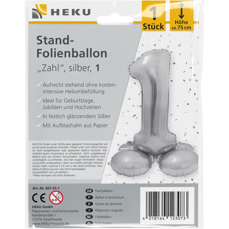 Stand Folienballon Zahl 1 silber 75cm