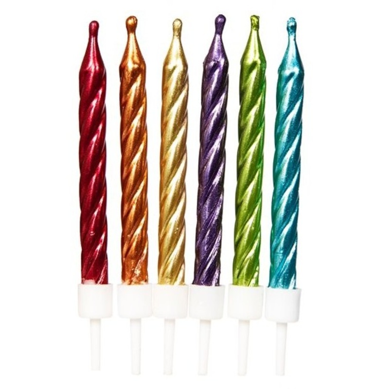 12 metallic rainbow cake candles 7.5cm