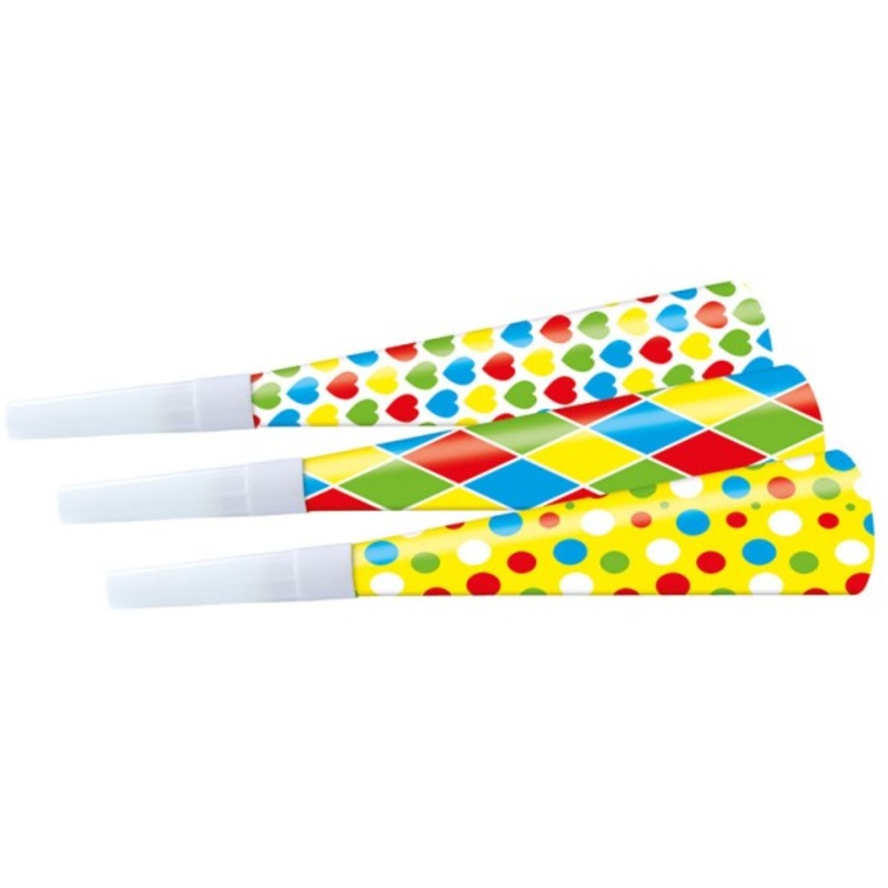 3 brightly colored party trumpets 22cm