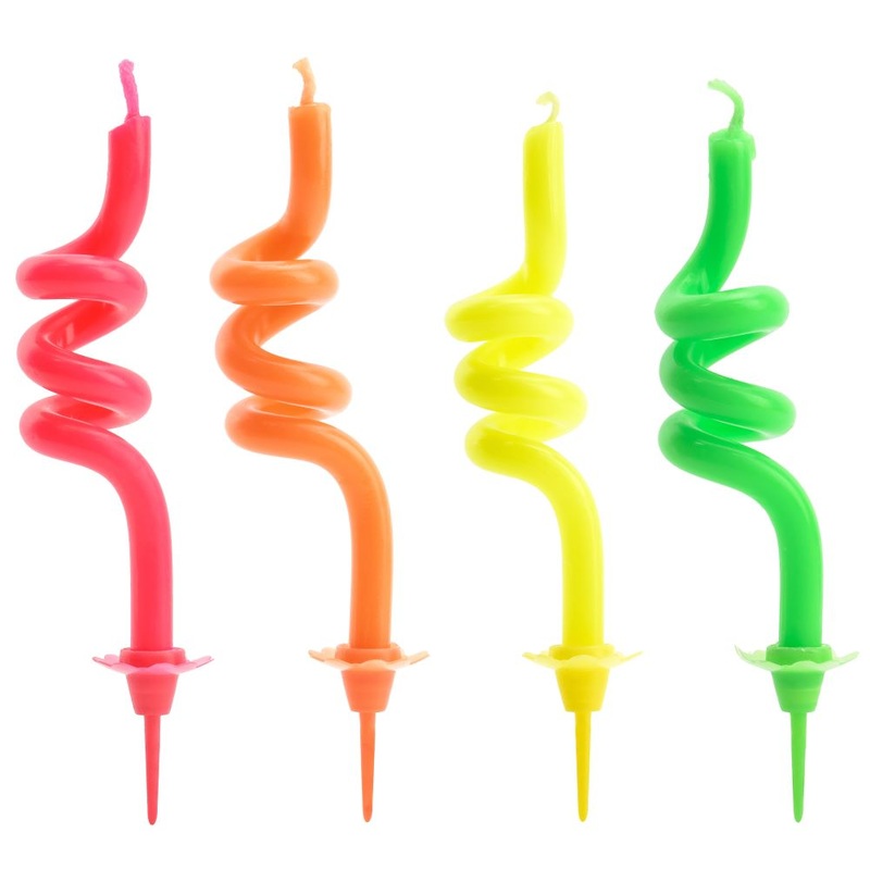 4 colorful cake candles Neon Curly Swirl 8cm