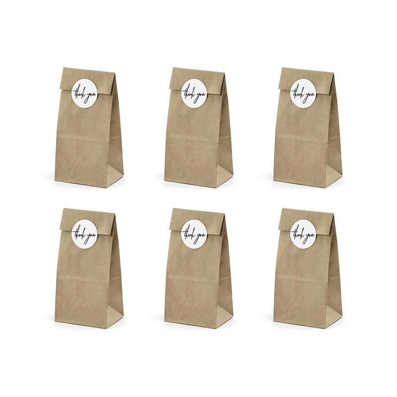 6 gift bags with thank you sticker white brown