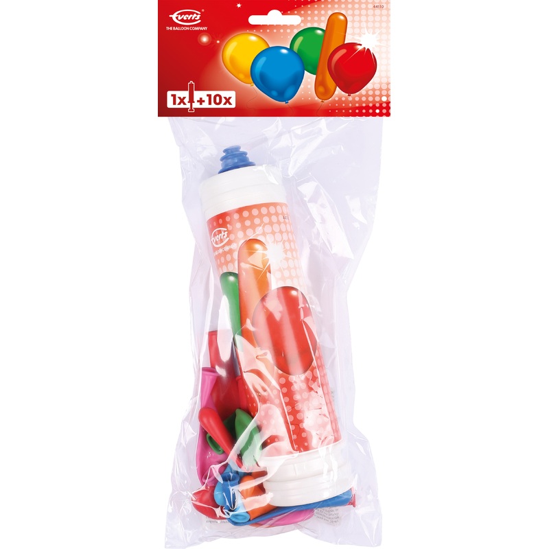 Set of 10 colorful balloons with a balloon pump