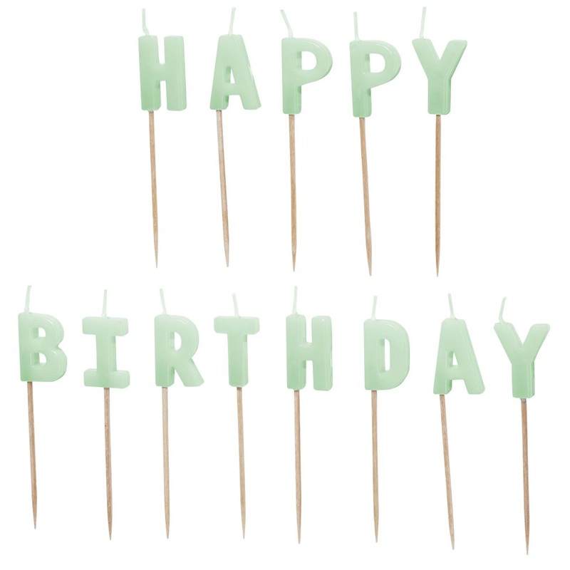 13 cake candles Happy Birthday light green 2.5cm