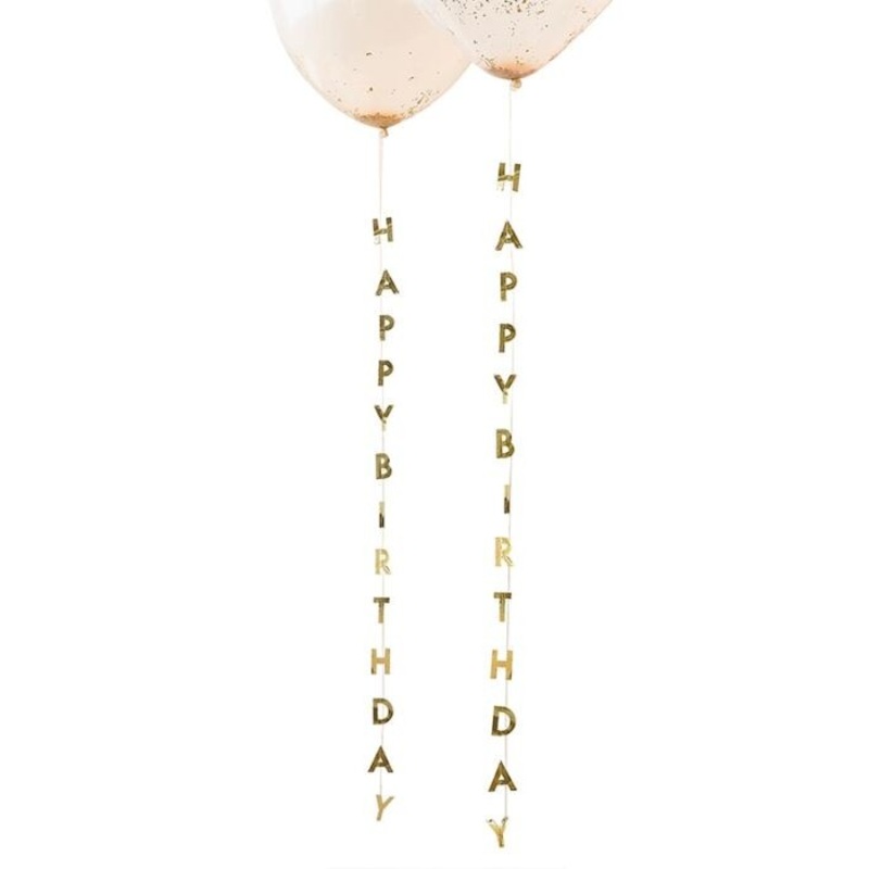 5 golden happy birthday balloon pendants 1m